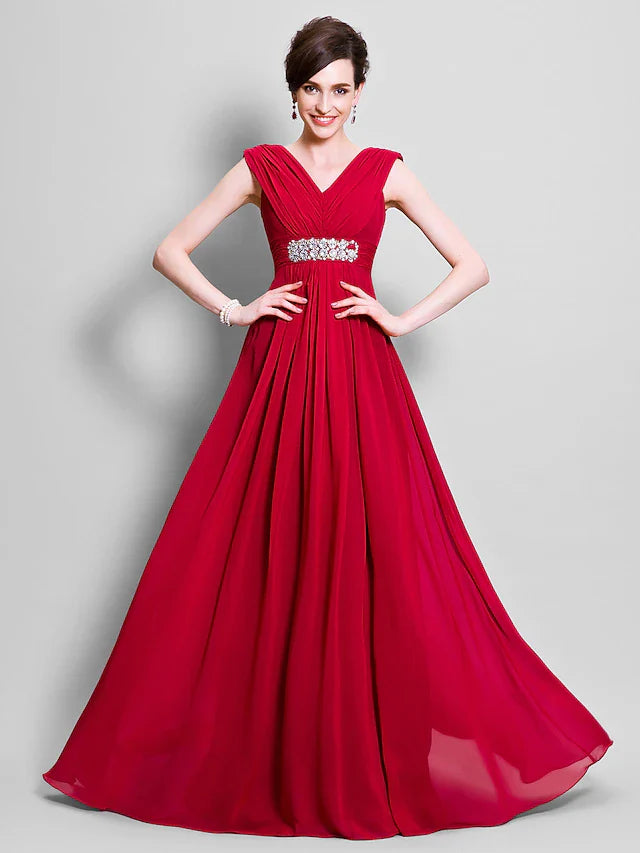 Wholesale A-Line Mother of the Bride Dress Open Back V Neck Floor Length Chiffon Sleeveless with Beading Side Draping